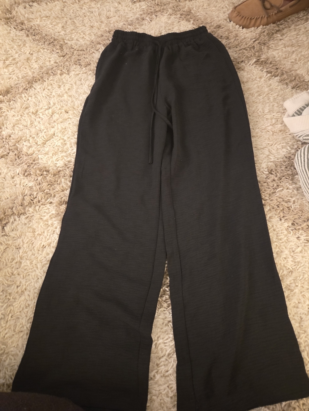 Wide Leg Black Knit Lounge Pants - Elastic Waist